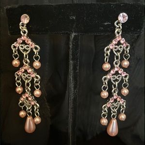 NWOT Silvertone chandelier earrings with faux pink pearls and CZ